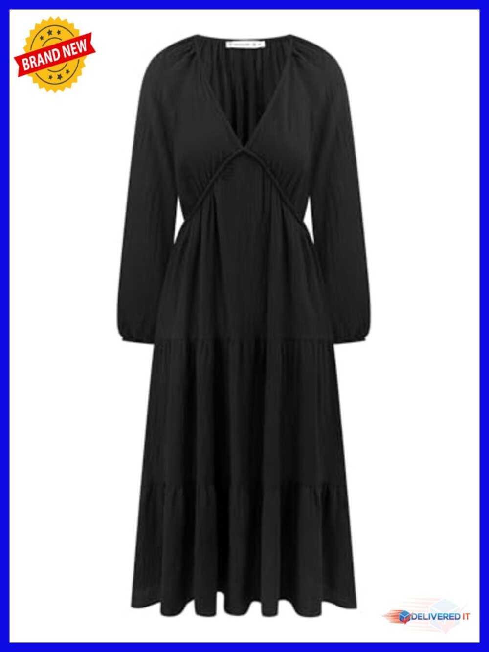 100% Cotton Gauze Midi Dress V Neck Long Sleeve Tiered Ruffle Pockets